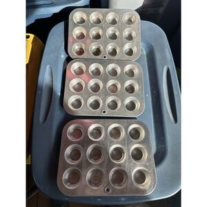 3 Vtg Wear Ever Mini Muffin Tin Pan Aluminum Tart Cupcake 12 Holes 1 3/4"USA